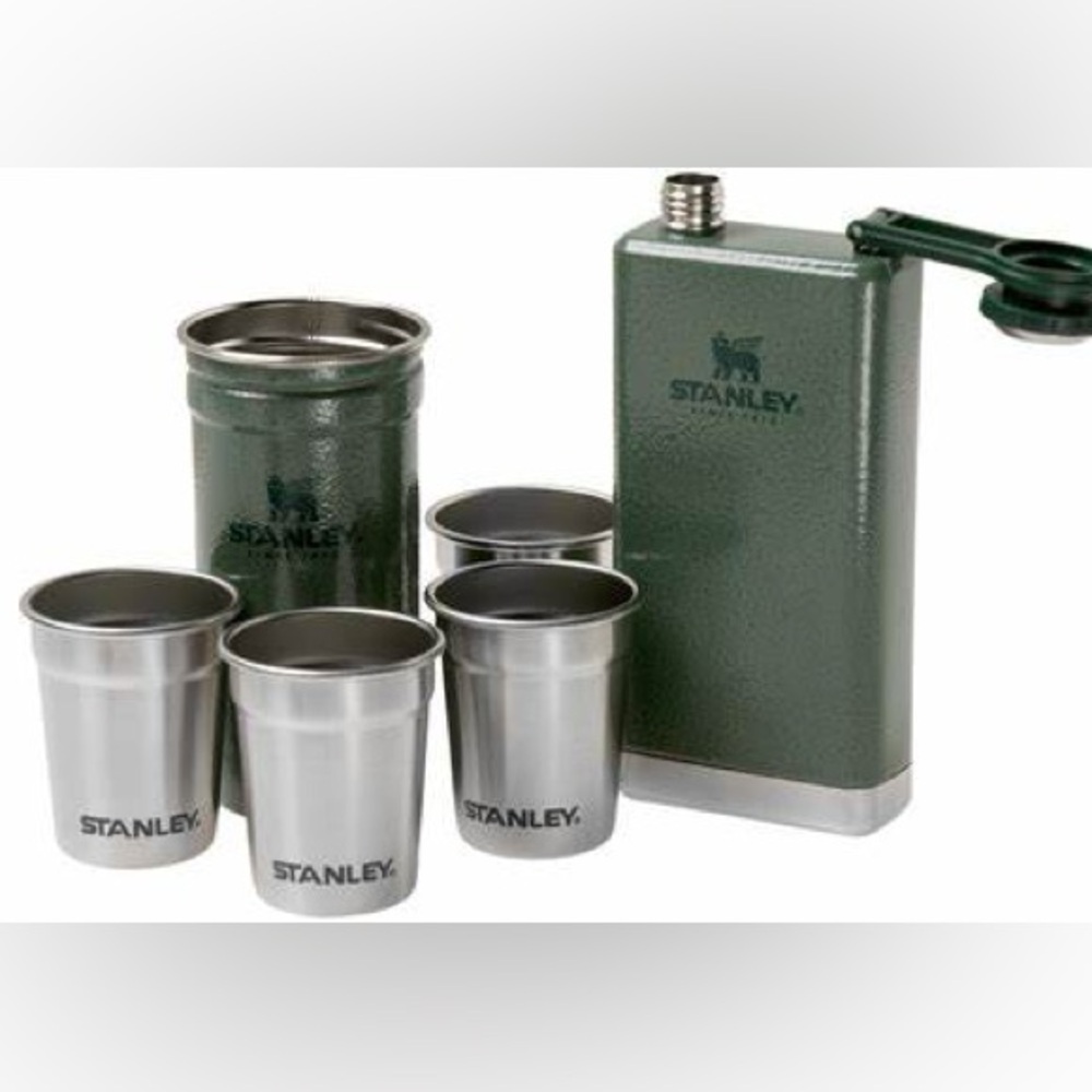 Stanley Pre-Party Flask and Shot Glass Set Hammertone Green Stainless Steel